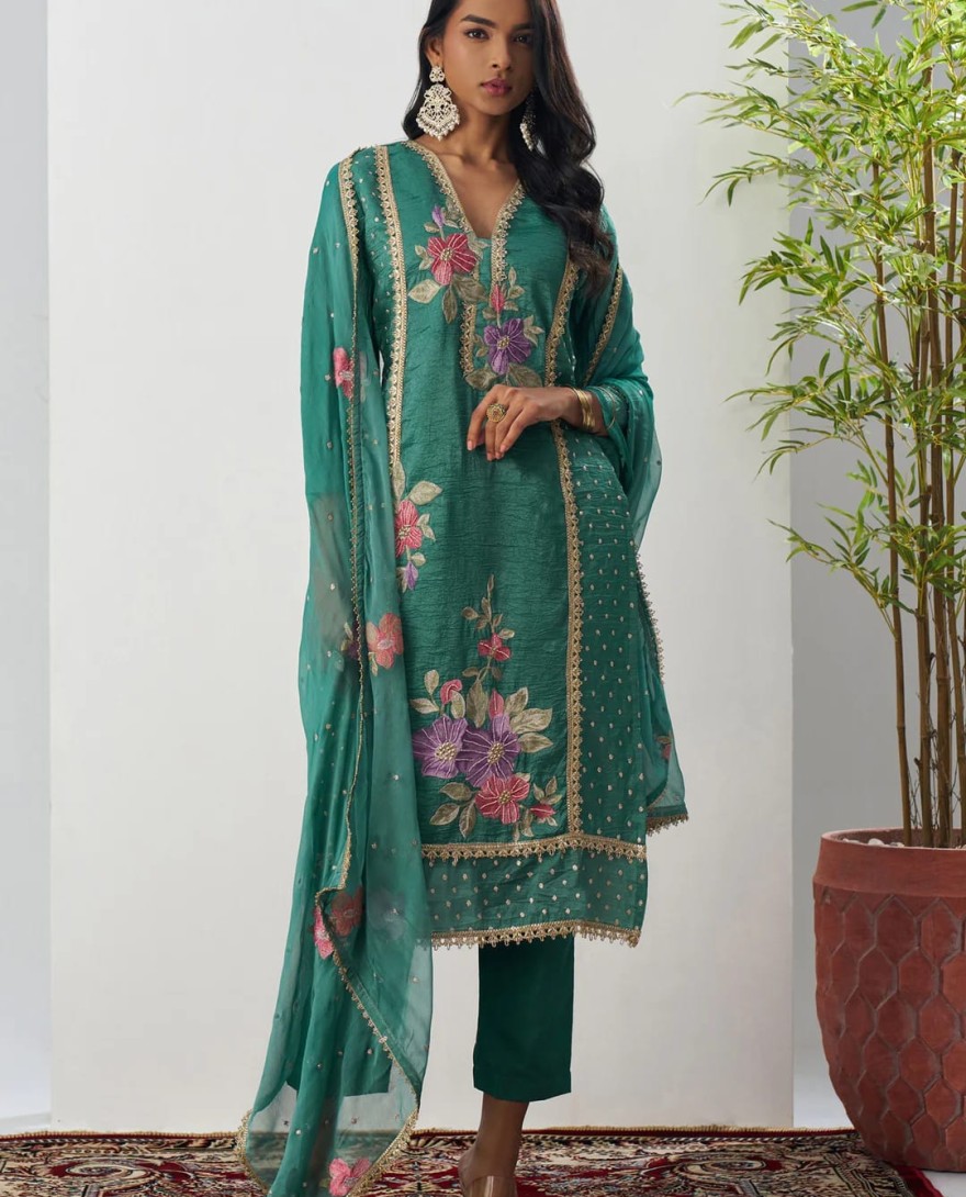 1004 - Dark Emerald Green Silk Pant Suit With Chiffon Dupatta